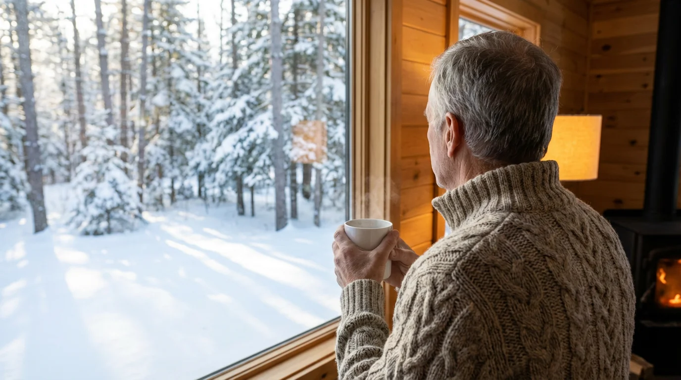 Man holding a mug looking out a window at a snowy Michigan forest morning.