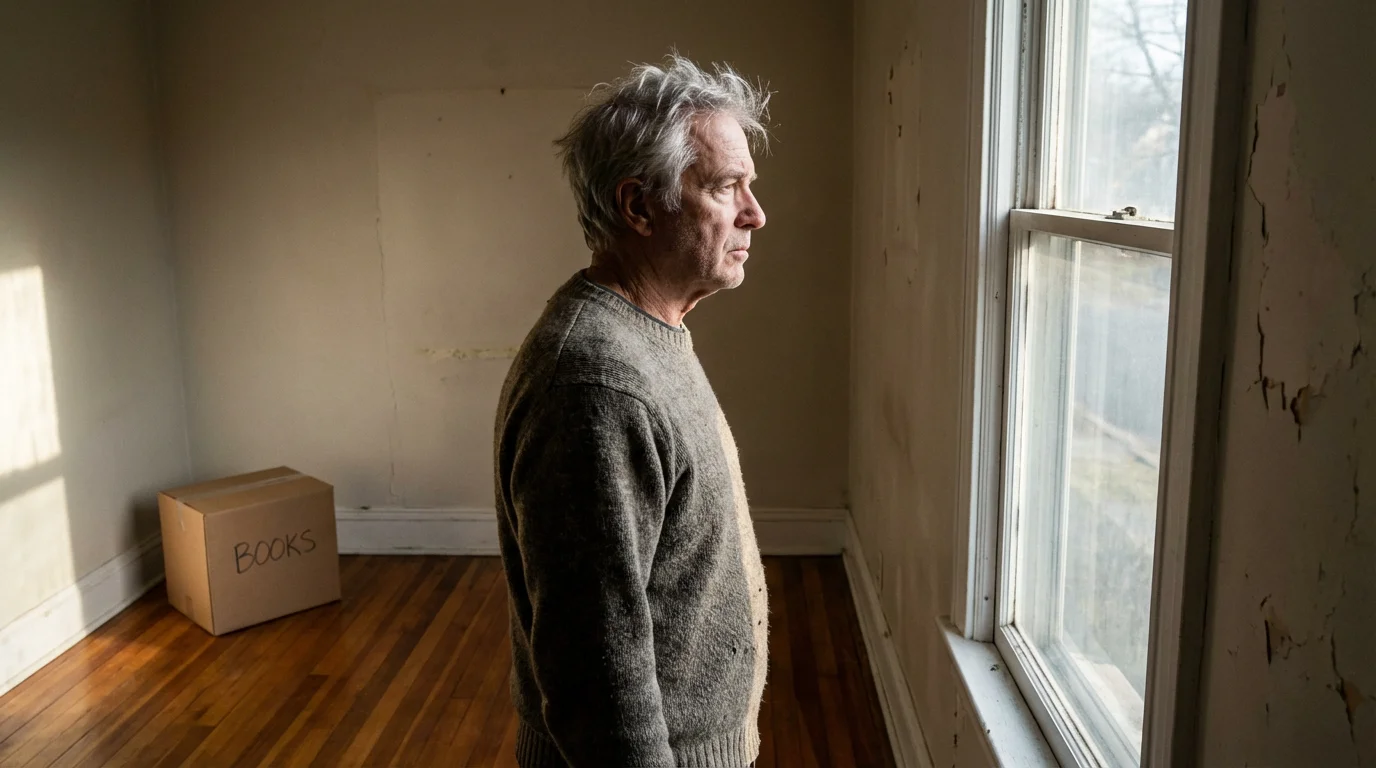 Man in his late 60s looking out a window in an empty room with moving boxes.