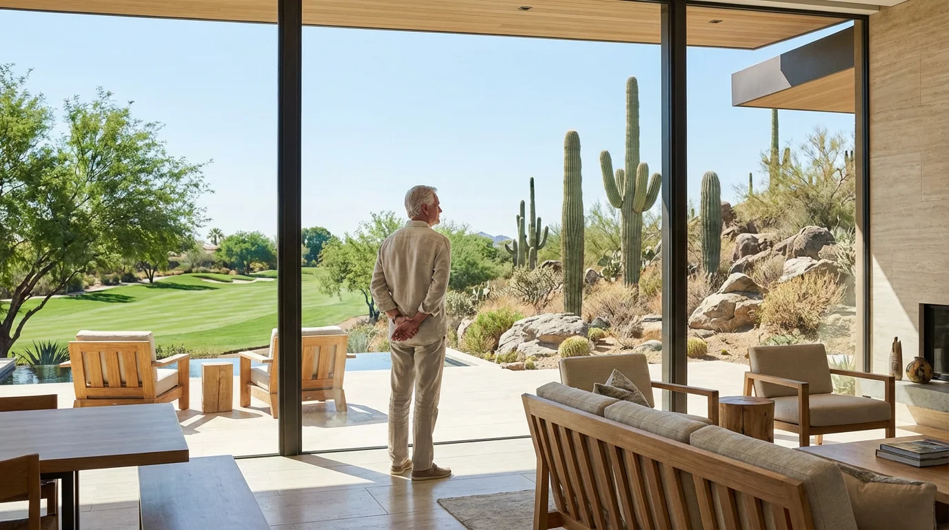 Man in modern living room looks out window at contrasting golf course and desert landscape.