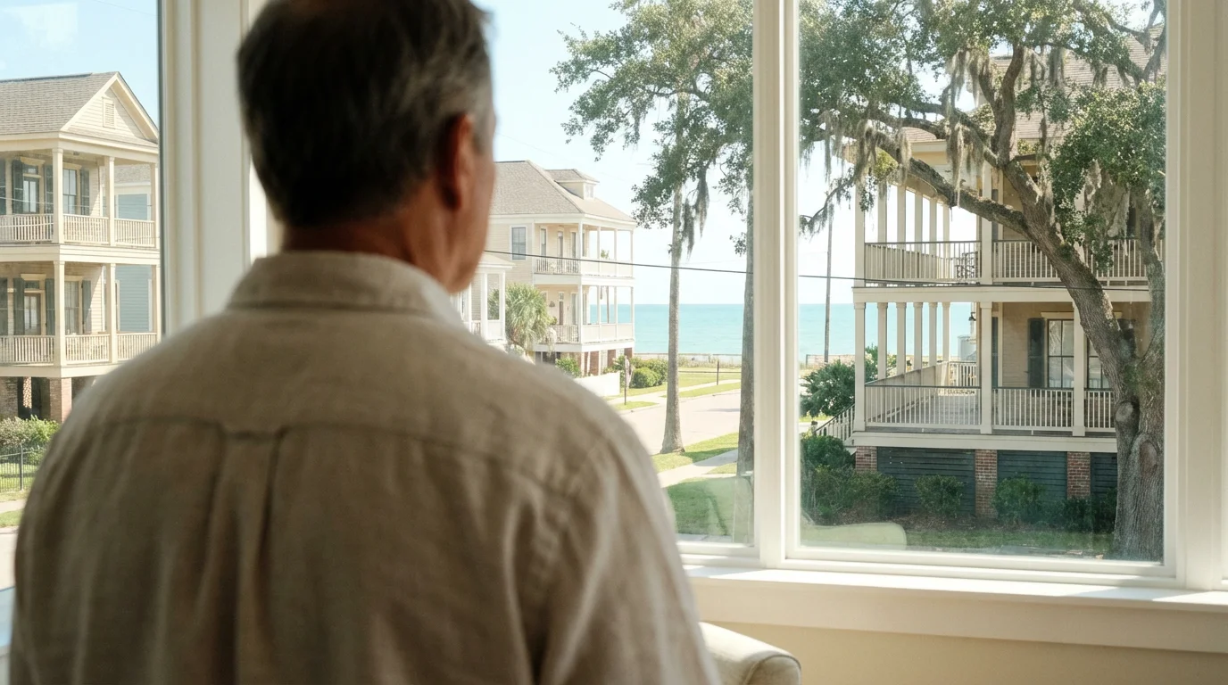 Man looking from a window at a historic Gulf Coast neighborhood near the ocean.