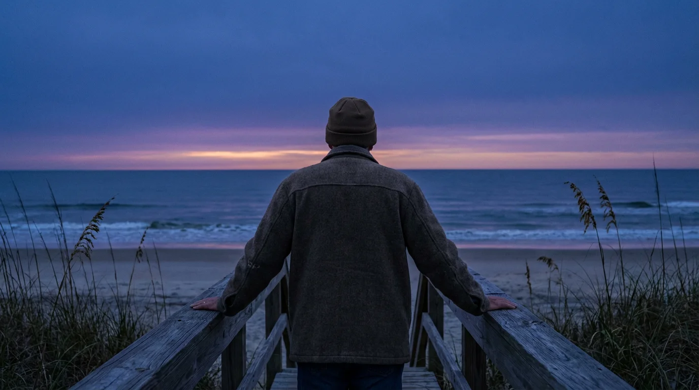 Man on a beach boardwalk in North Carolina watching the ocean at twilight.