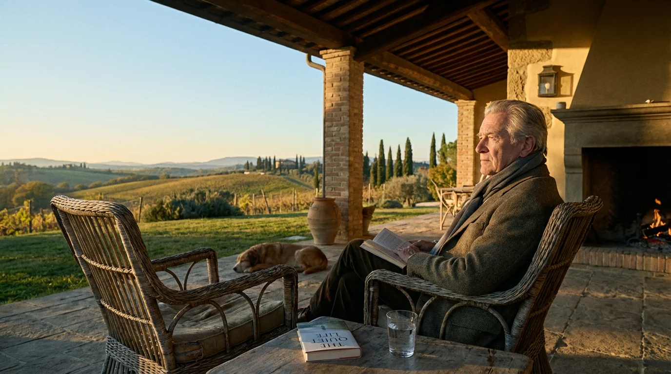 Man on a patio overlooking a rolling landscape during a mild winter afternoon.