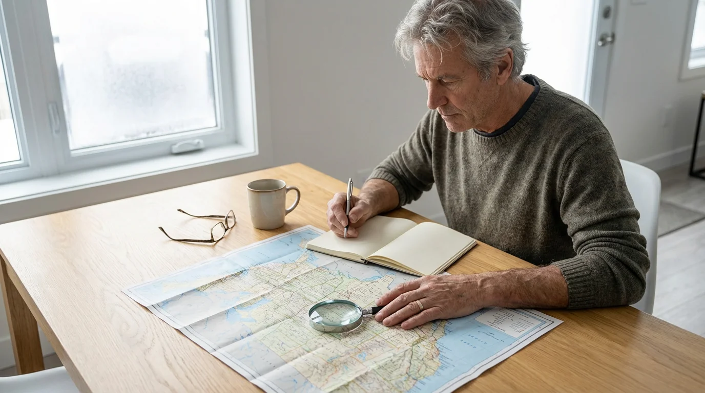 Man planning a retirement move with a map and notebook on a table.