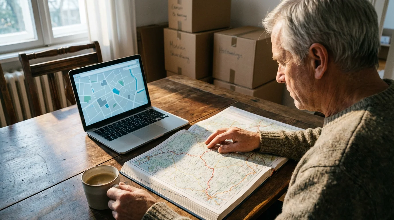 Man planning a retirement relocation with maps, a laptop, and moving boxes nearby.