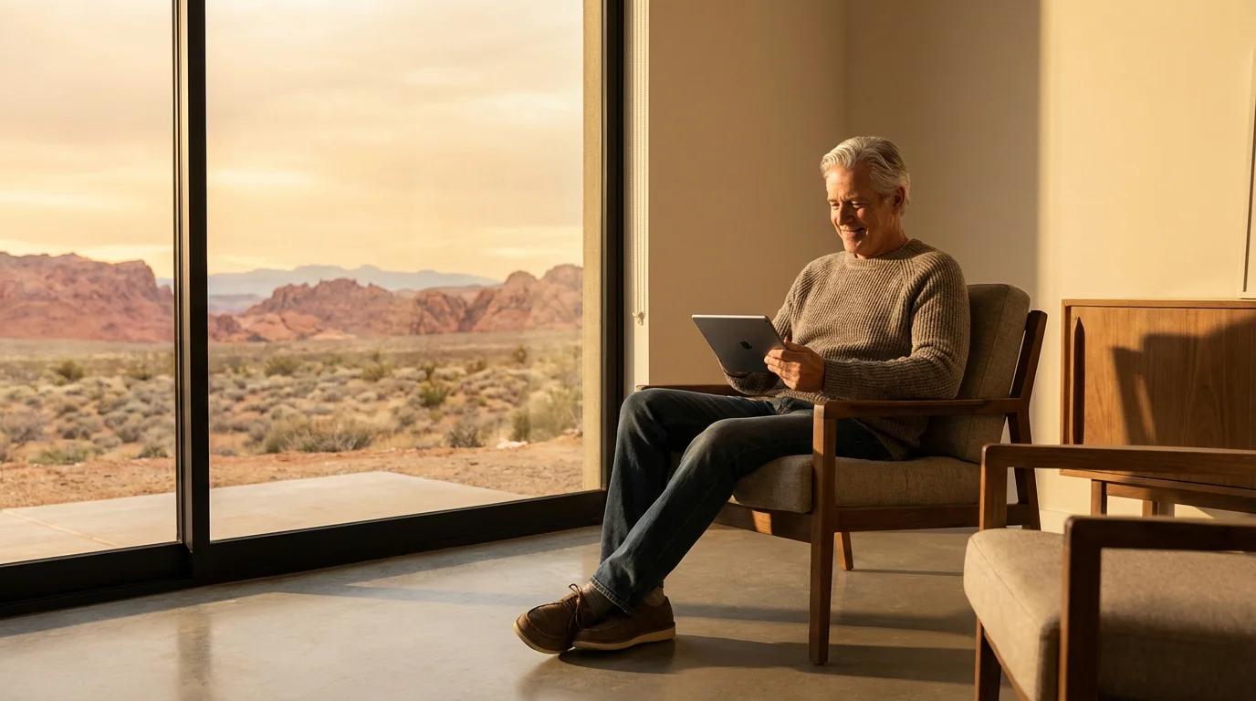 Man relaxing with a tablet in a modern home overlooking the Nevada desert.