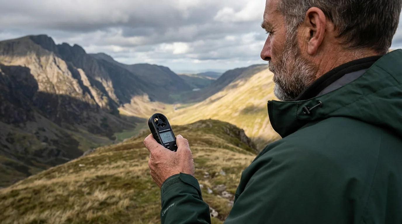 Man using a handheld weather meter on a mountain ridge during a moody afternoon.