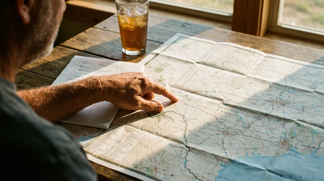 Man's hand pointing at a paper map of Texas on a wooden table.
