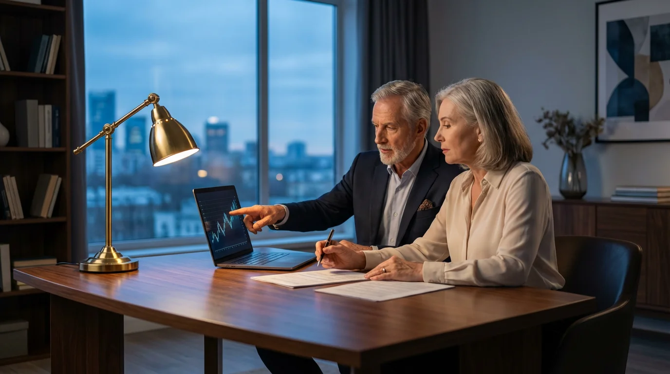 Mature couple at a desk during blue hour reviewing financial documents for retirement downsizing.
