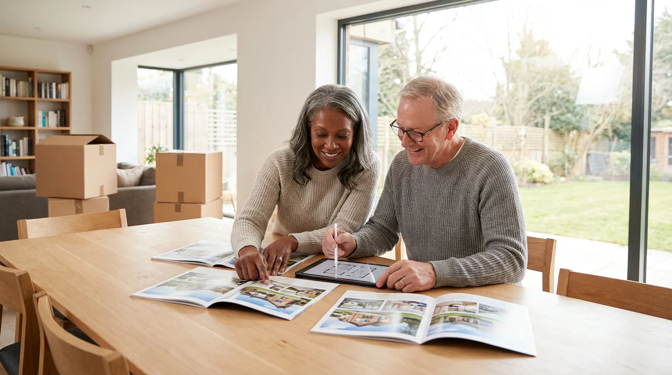 Mature couple at a dining table reviewing brochures and a tablet for their relocation.