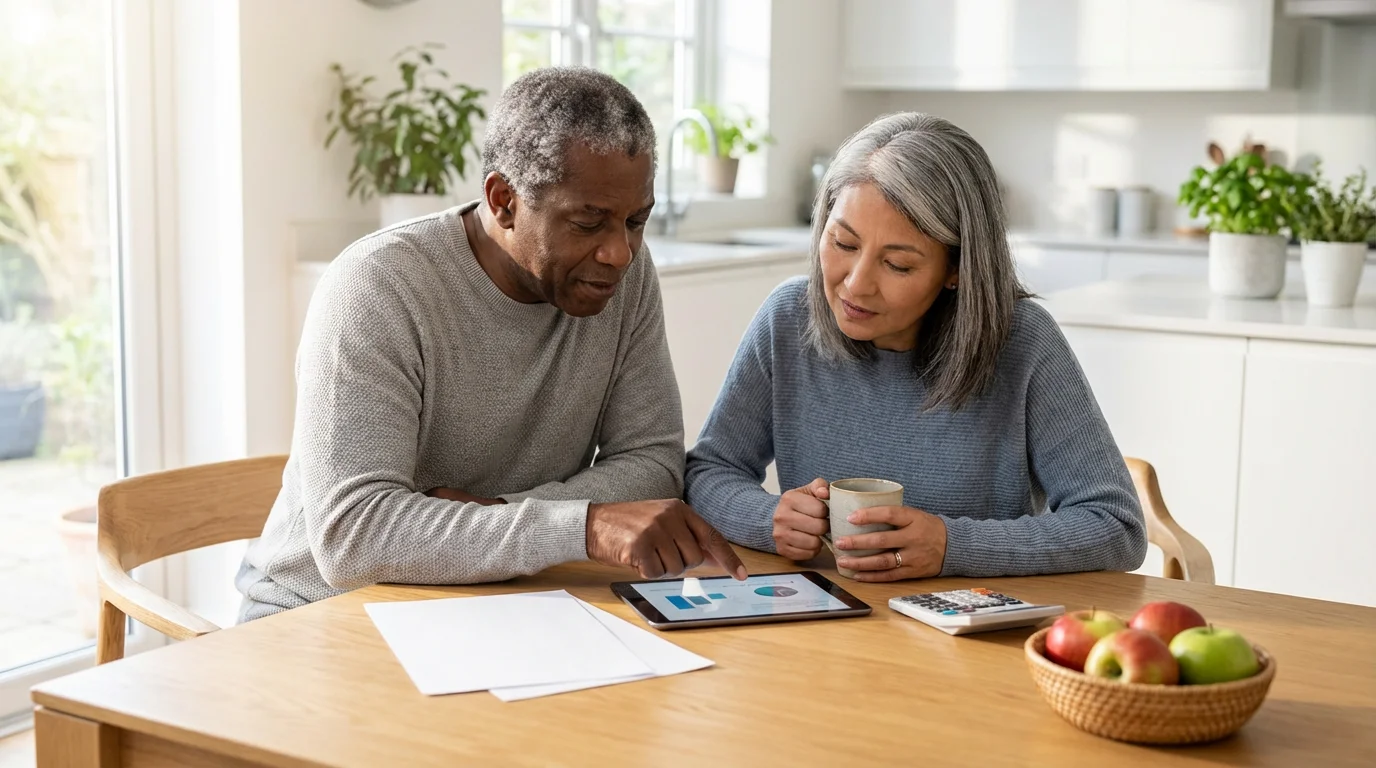 Mature couple at dining table with a tablet and fruit, planning for retirement.