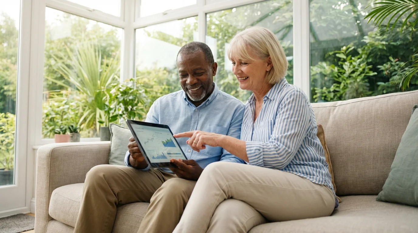 Mature couple happily reviews retirement finances on a tablet in a sunlit room.