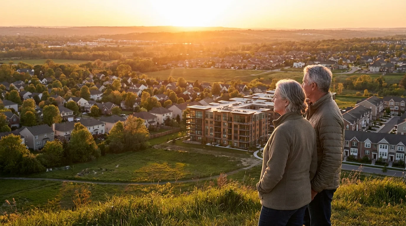 Mature couple on a hill overlooking various housing options for retirement at sunset.