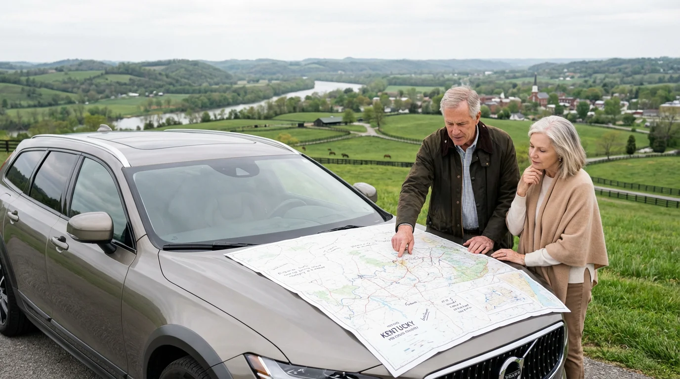 Mature couple plans their Kentucky retirement, looking at a map on their car.