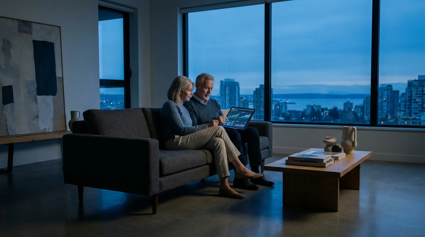 Mature couple reviews financial plans on a tablet in their living room at dusk.