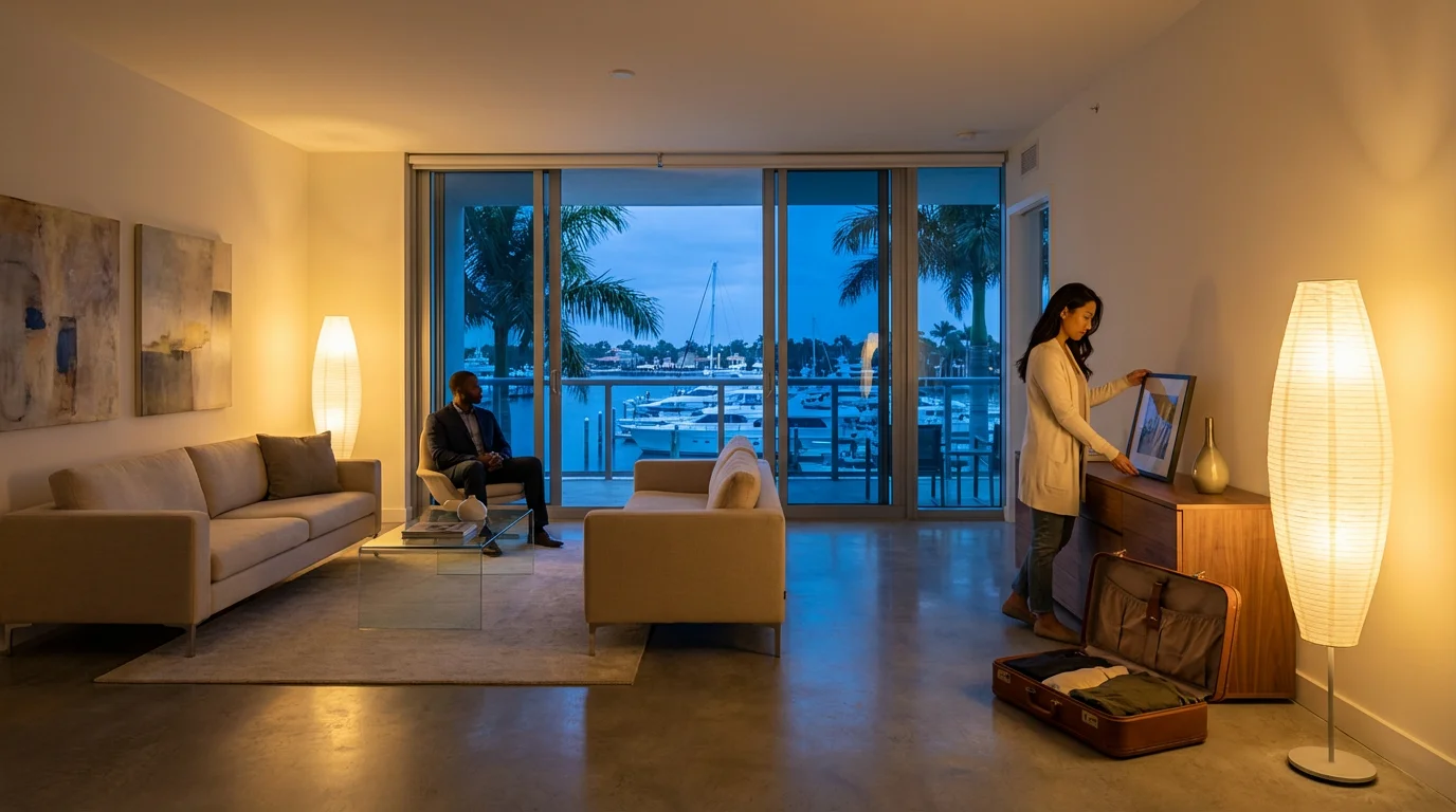 Mature couple unpacking and settling into their modern waterfront condo at twilight.