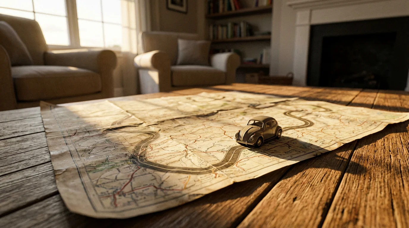 Miniature car on a road map during golden hour symbolizing retirement relocation planning.