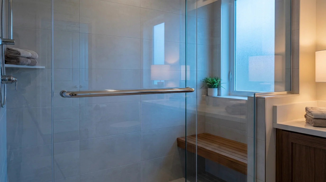 Modern bathroom with a walk-in shower featuring a sleek, stainless steel safety grab bar.