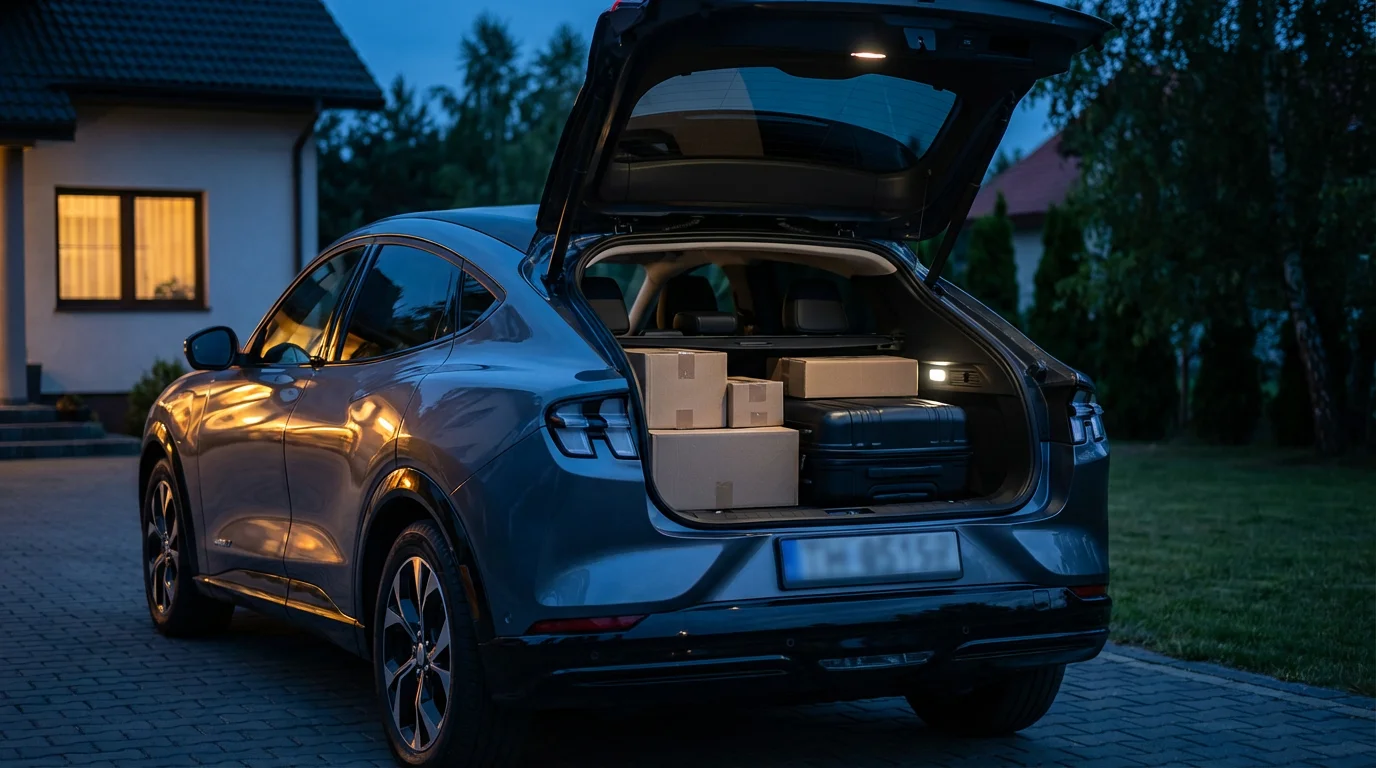 Moving boxes and a suitcase being loaded into the trunk of a car at dusk.