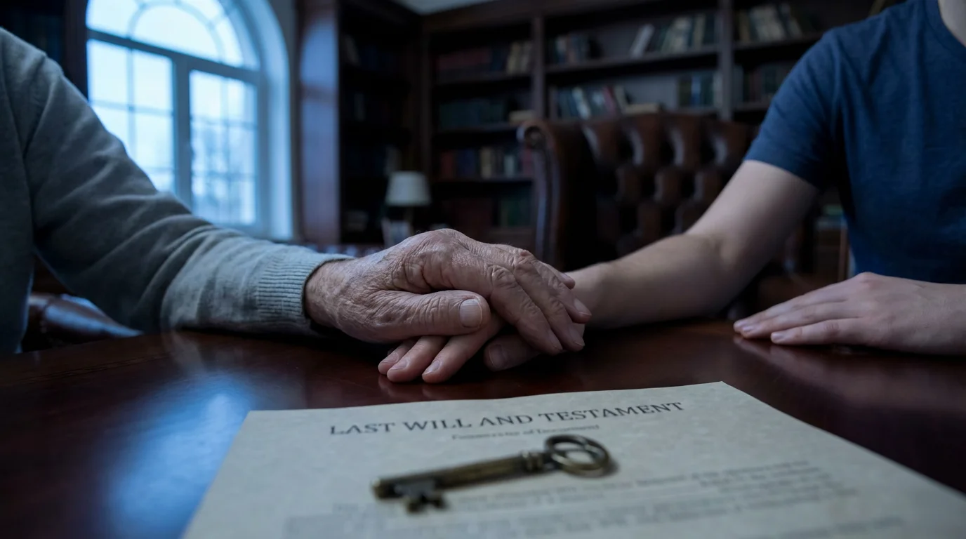 Older and younger hands rest on an estate document with a single house key.