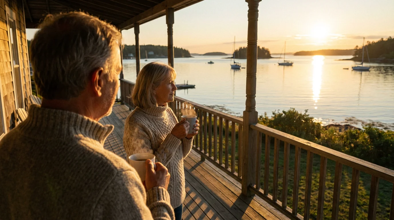Older couple enjoying a warm summer evening on a coastal porch in Maine.
