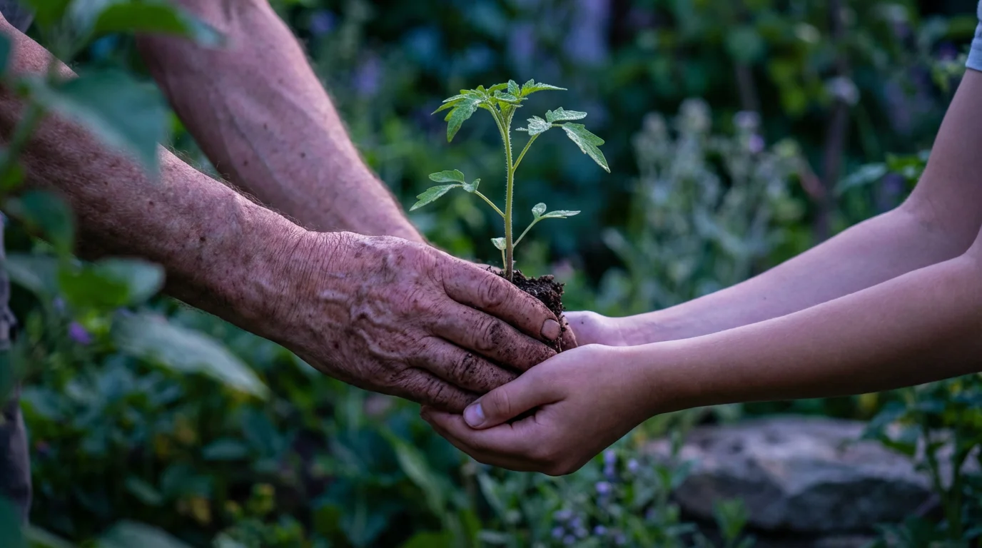 Older hands passing a small green sapling to younger hands at dusk.