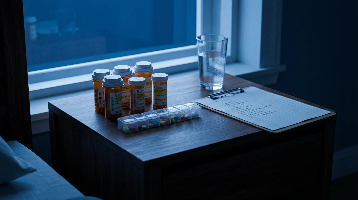Organized prescription medications and a list on a bedside table at twilight.
