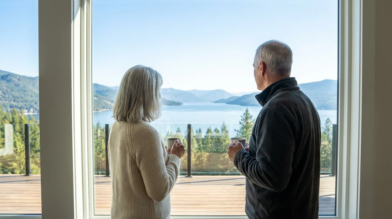 Over-the-shoulder shot of a retired couple looking at a mountain lake from their window.