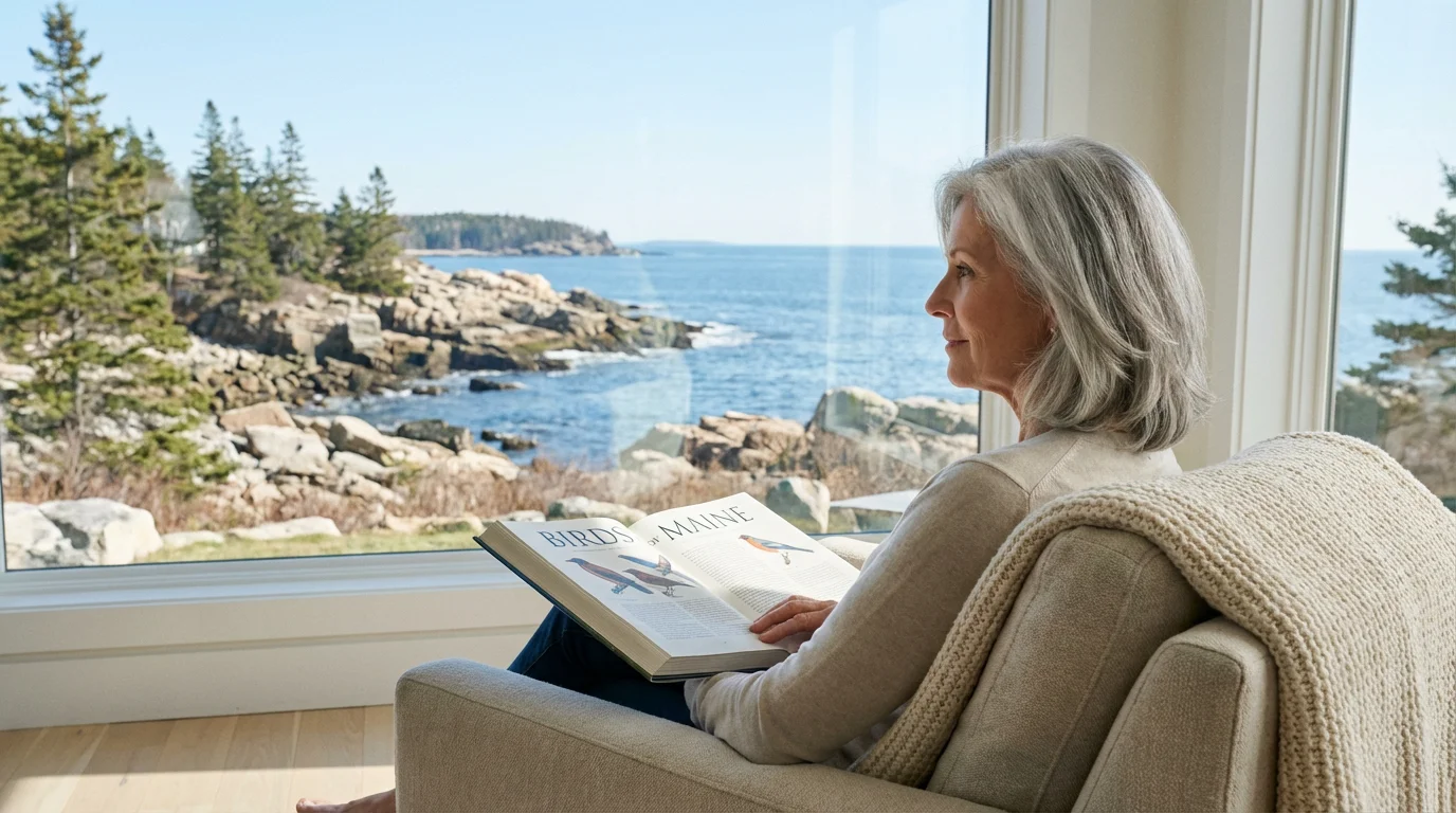 Over-the-shoulder shot of a retired woman reading a book by a window with a Maine coastal view.