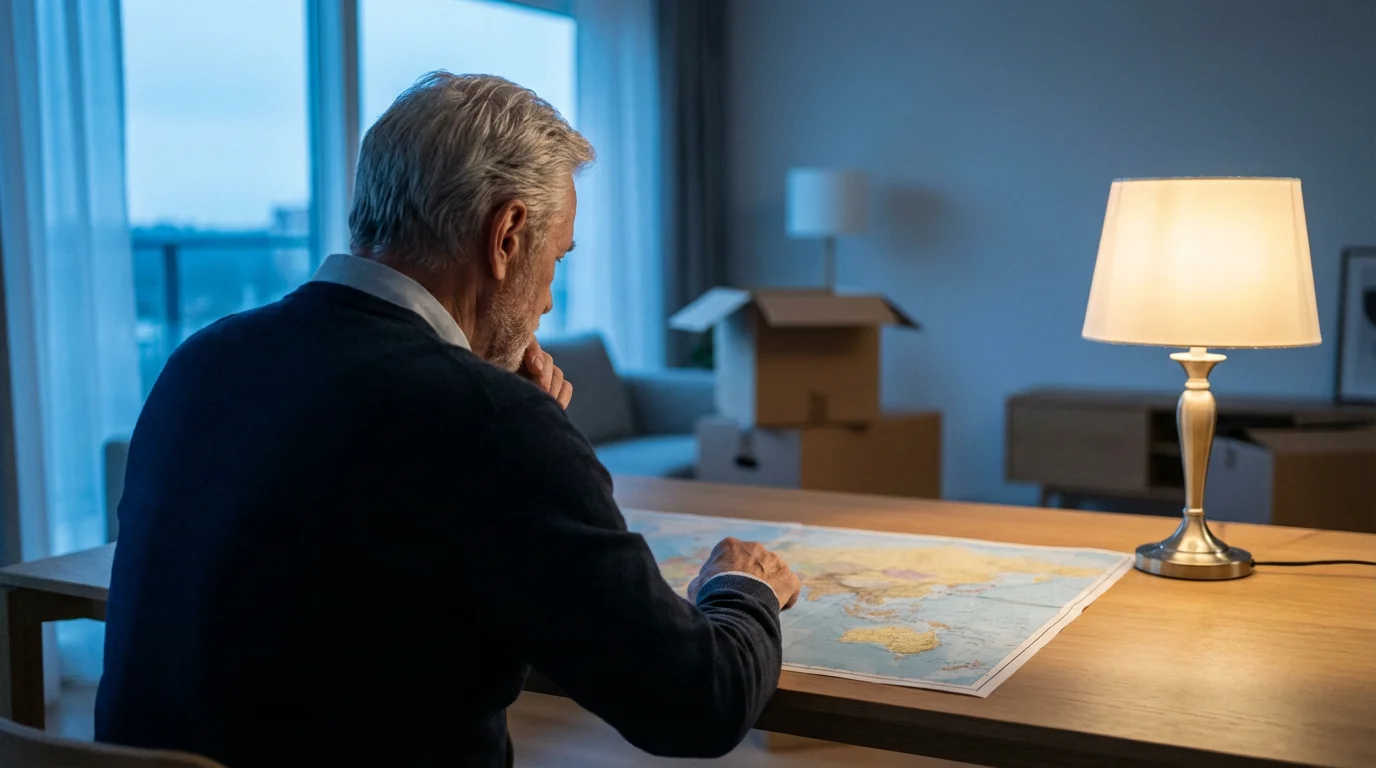 Over-the-shoulder shot of a senior man looking at a map on a table, planning a relocation.