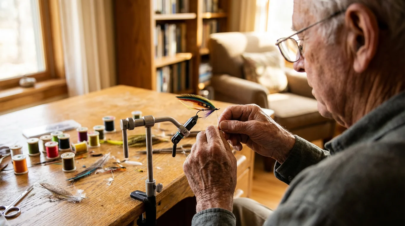 Over-the-shoulder shot of a senior person's hands tying a fishing fly indoors.