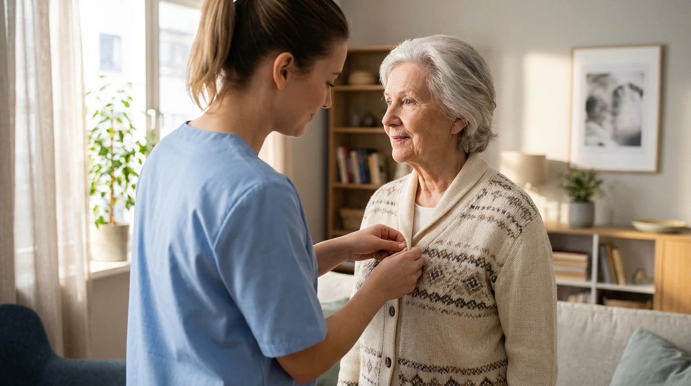 Over-the-shoulder view of a caregiver helping an elderly woman button her sweater at home.