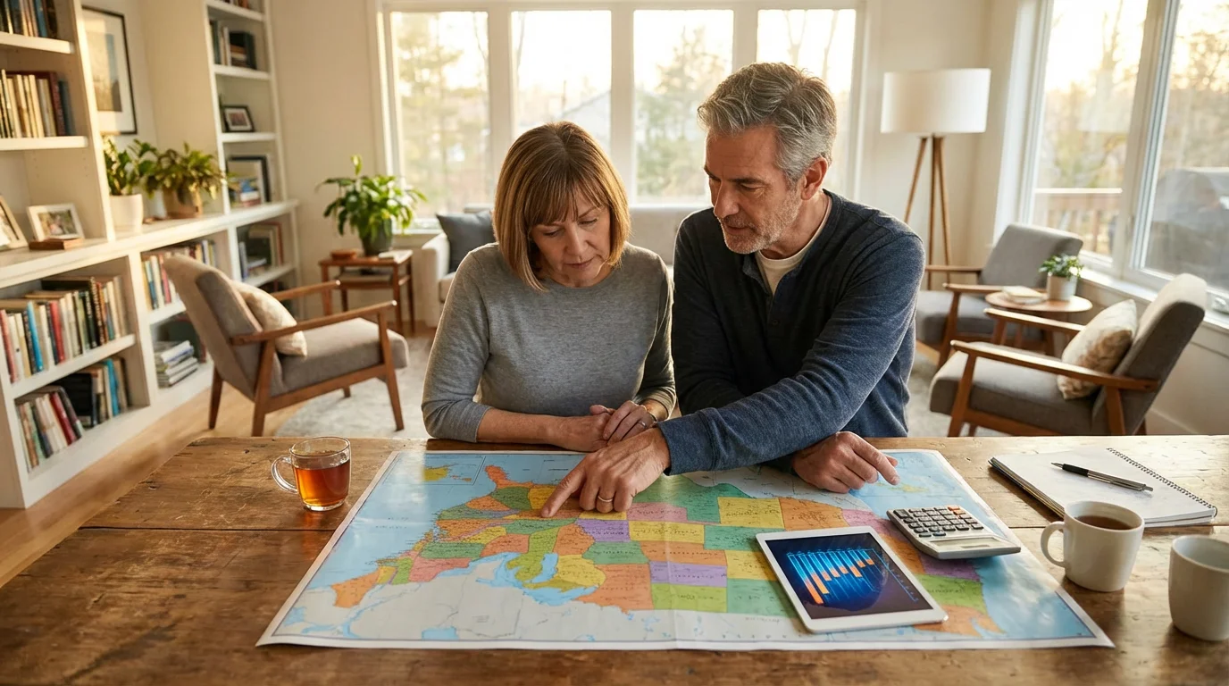 Over-the-shoulder view of a couple planning retirement with a map and tablet.