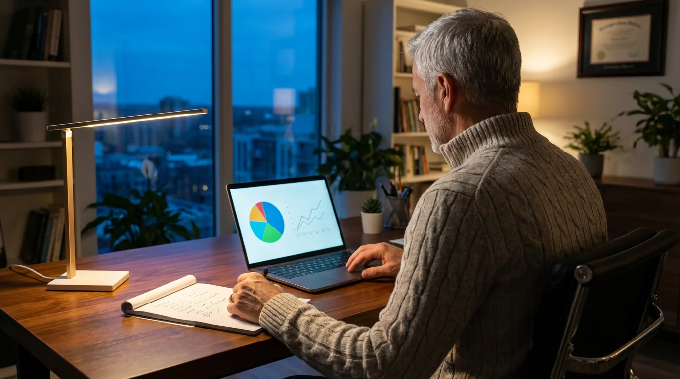 Over-the-shoulder view of a man at a desk planning his retirement budget on a laptop.