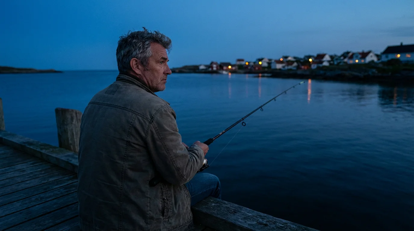 Over-the-shoulder view of a man fishing from a pier during a calm blue hour evening.
