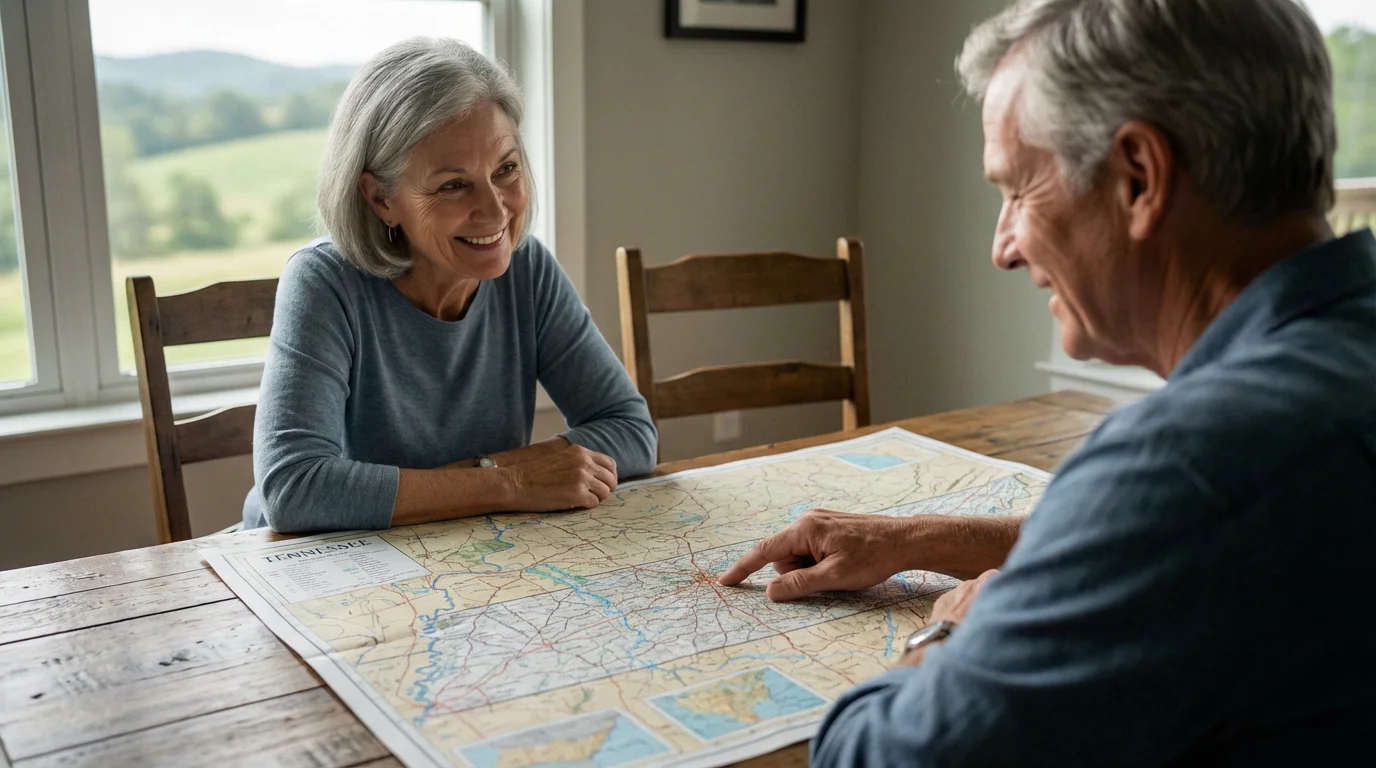 Over-the-shoulder view of a mature couple looking at a map of Tennessee.