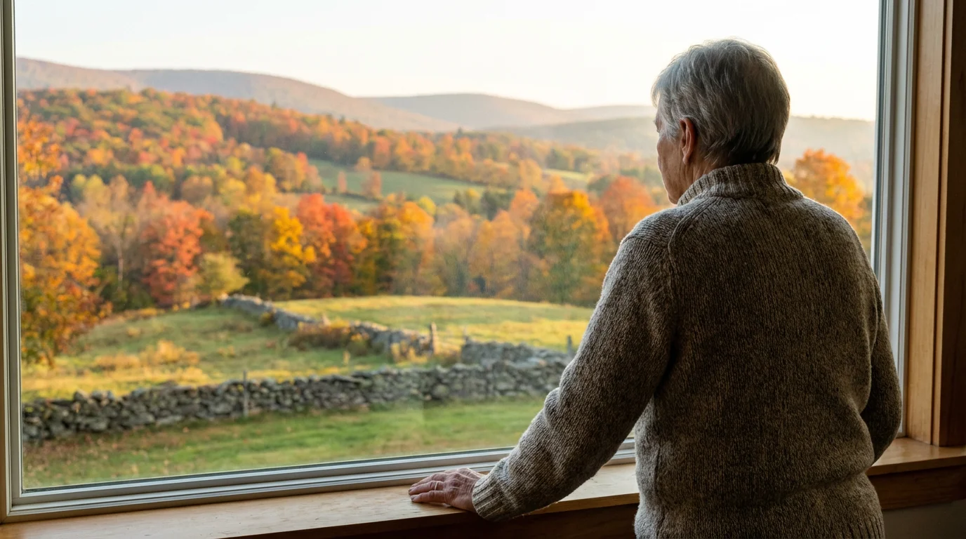 Over-the-shoulder view of a person admiring a colorful Pennsylvania autumn landscape from a window.