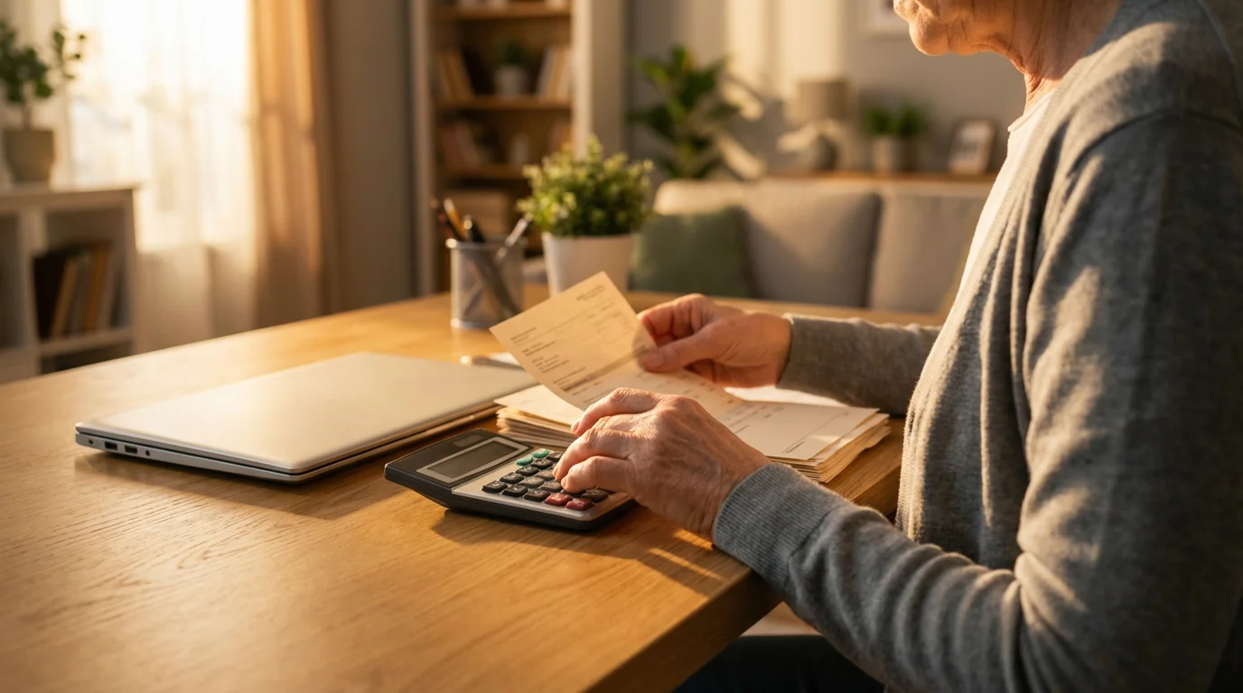 Over-the-shoulder view of a person at a desk organizing financial papers during sunset.