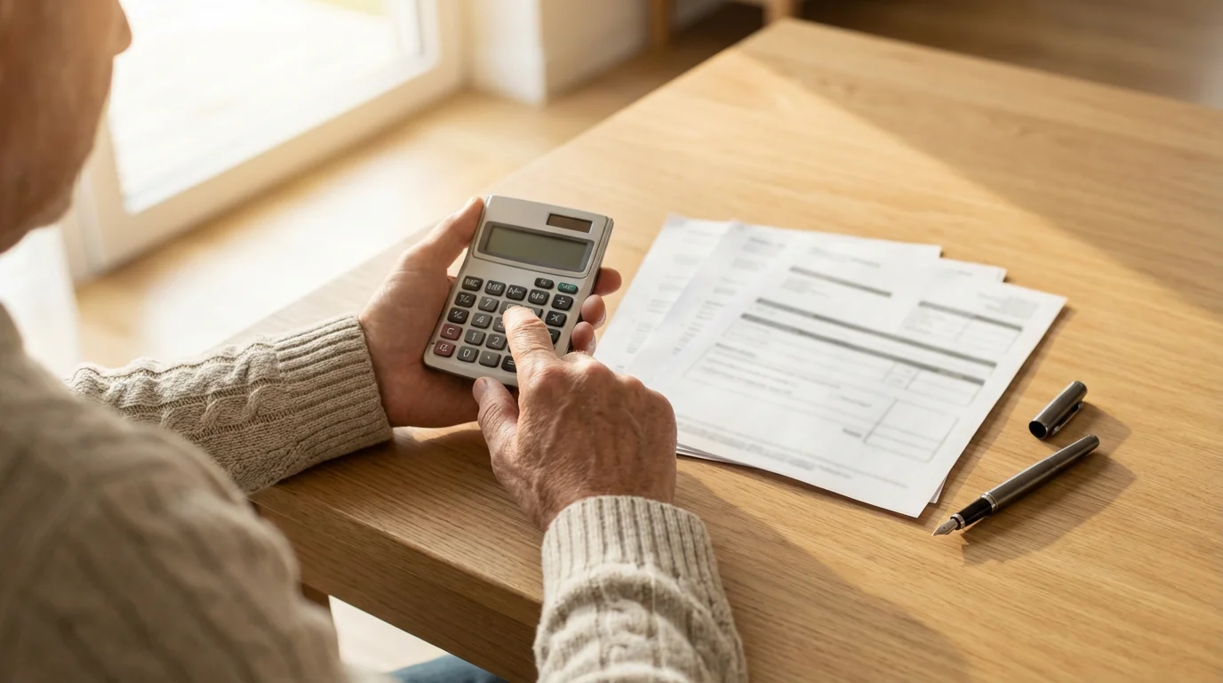 Over-the-shoulder view of a person at a table using a calculator with financial forms.
