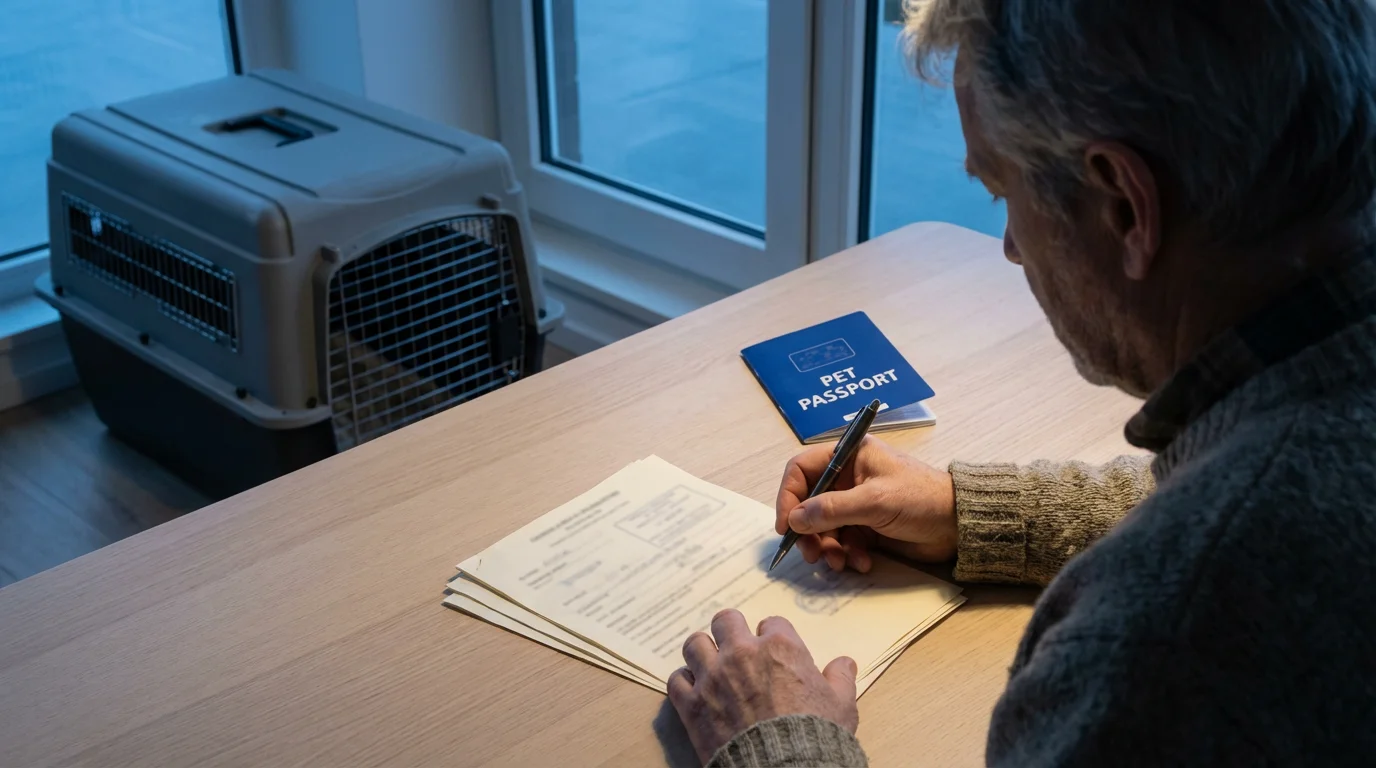Over-the-shoulder view of a person reviewing pet travel documents next to a travel crate.