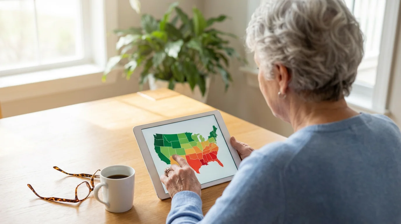 Over-the-shoulder view of a person using a tablet to compare states on a map.