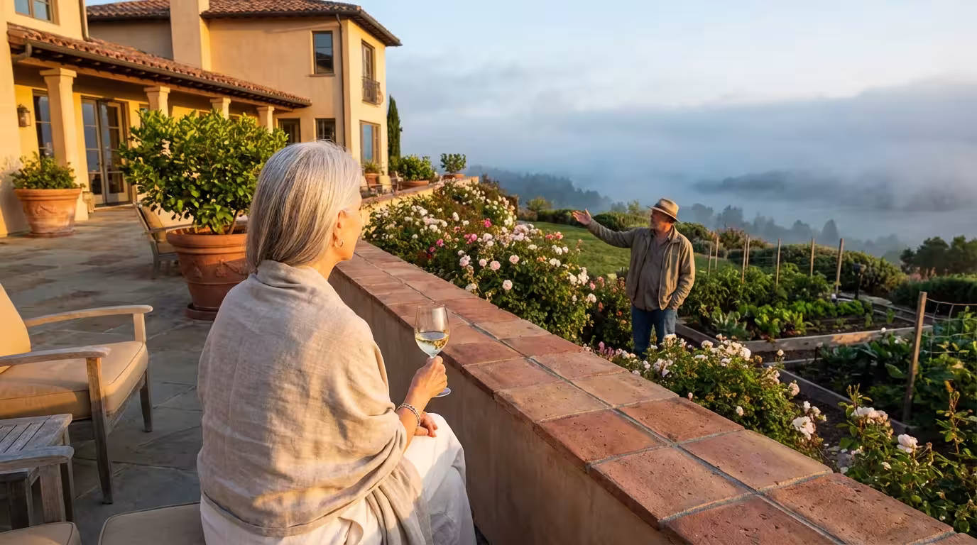 Over-the-shoulder view of a retired couple enjoying a sunny microclimate overlooking a foggy valley.