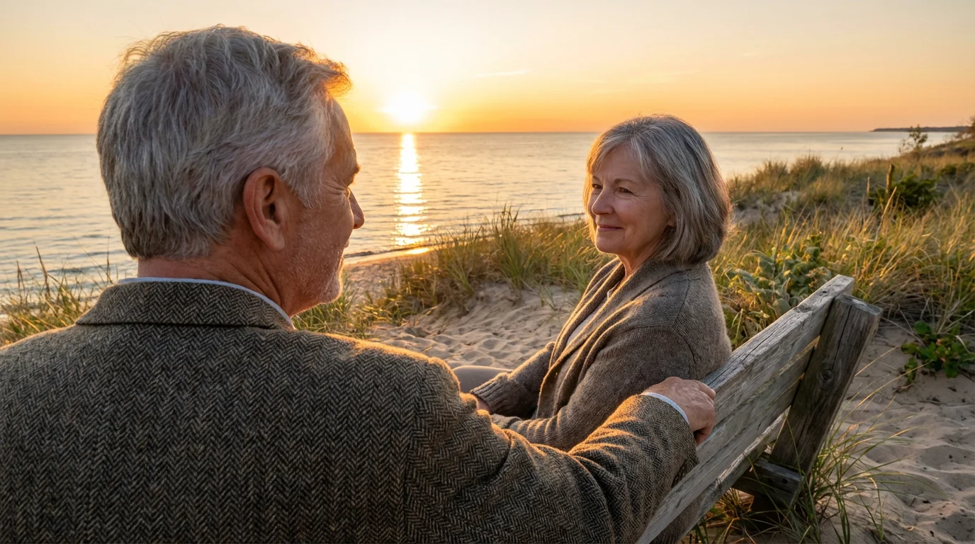 Over-the-shoulder view of a retired couple enjoying a peaceful golden hour sunset over Lake Michigan.
