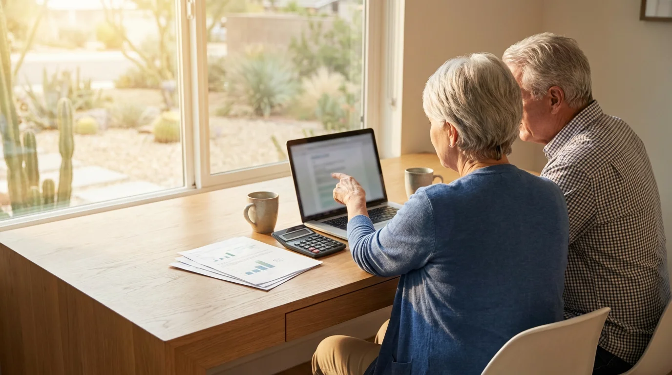 Over-the-shoulder view of a retired couple at a desk planning their finances on a laptop.