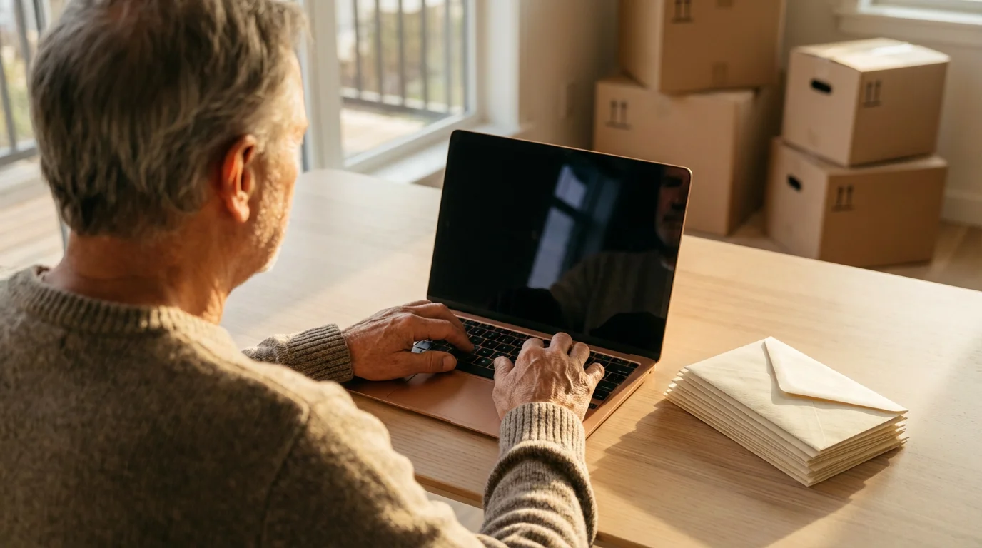 Over-the-shoulder view of a senior at a desk with a laptop and envelopes.