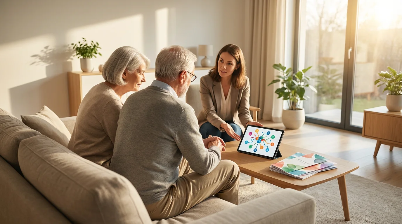 Over-the-shoulder view of a senior couple in consultation with a professional in a sunlit room.