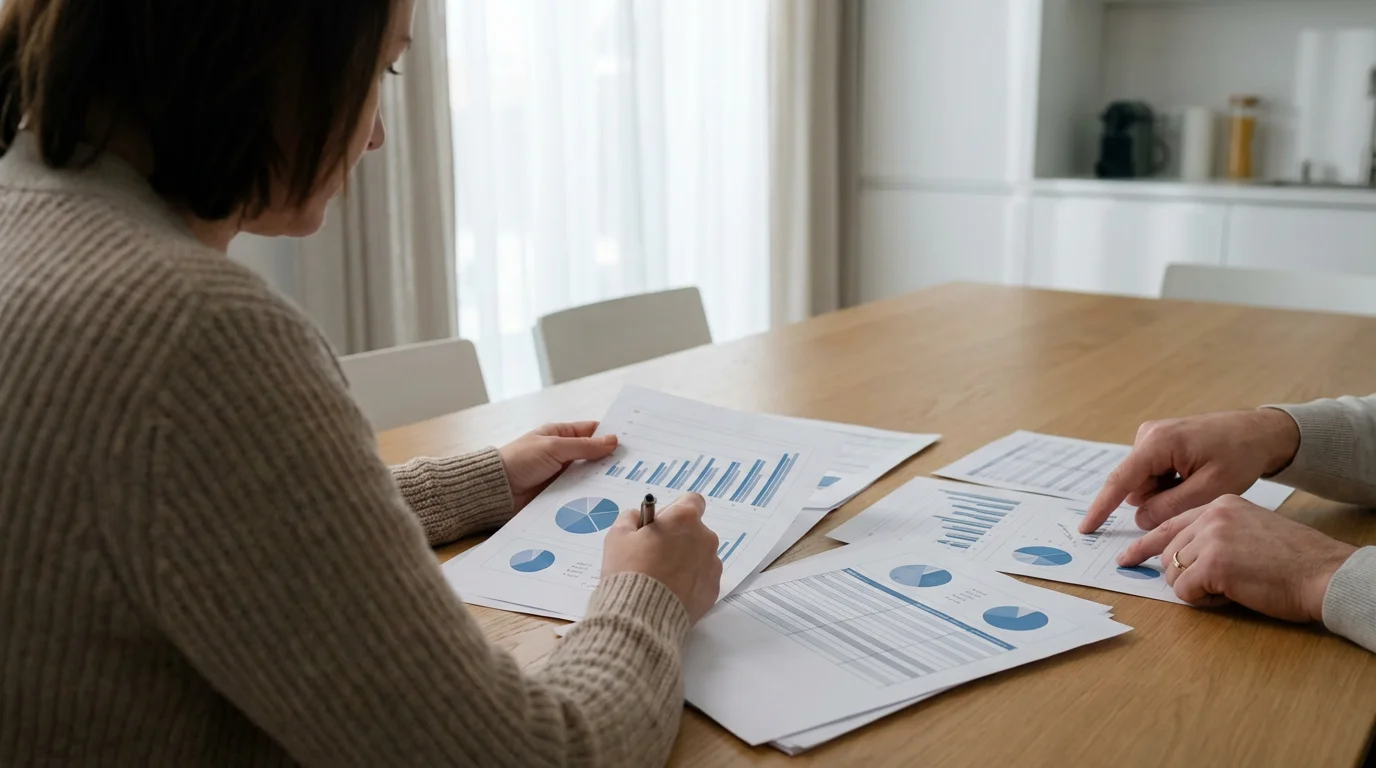 Over-the-shoulder view of a senior couple at a table reviewing financial and insurance documents.