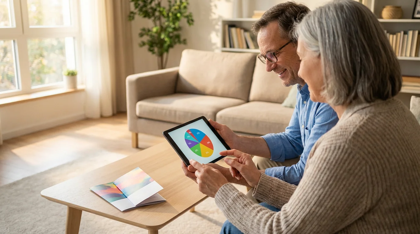 Over-the-shoulder view of a senior couple reviewing healthcare plan options on a tablet.