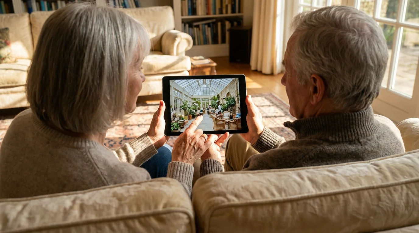 Over-the-shoulder view of a senior couple researching retirement communities with indoor amenities on a tablet.