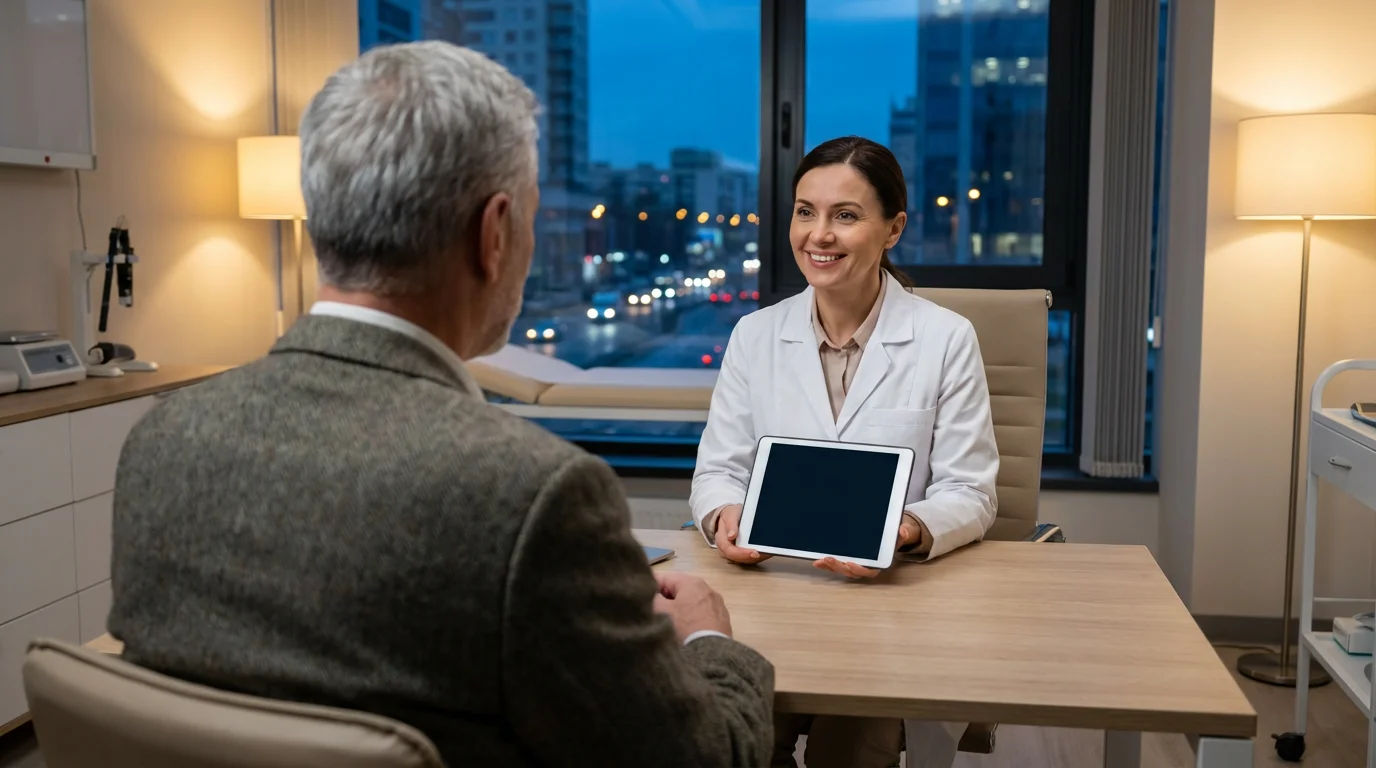 Over-the-shoulder view of a senior man consulting with a doctor in a modern office.