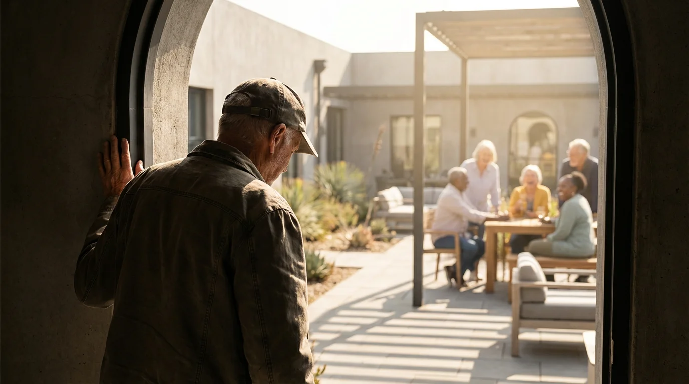 Over-the-shoulder view of a senior man hesitating before joining a group in a courtyard.